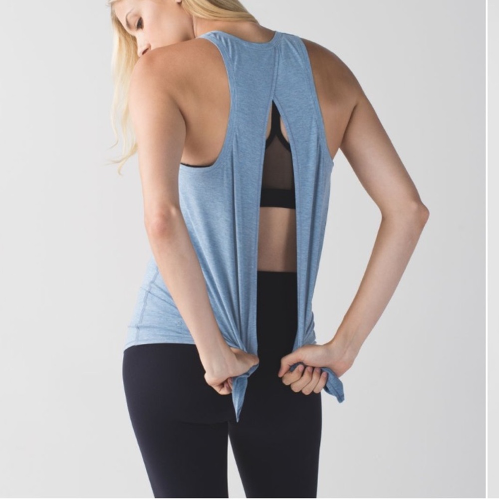 Lululemon Athletica All Tied Up Tank Heathered Blue Denim Open Back Athletic Top